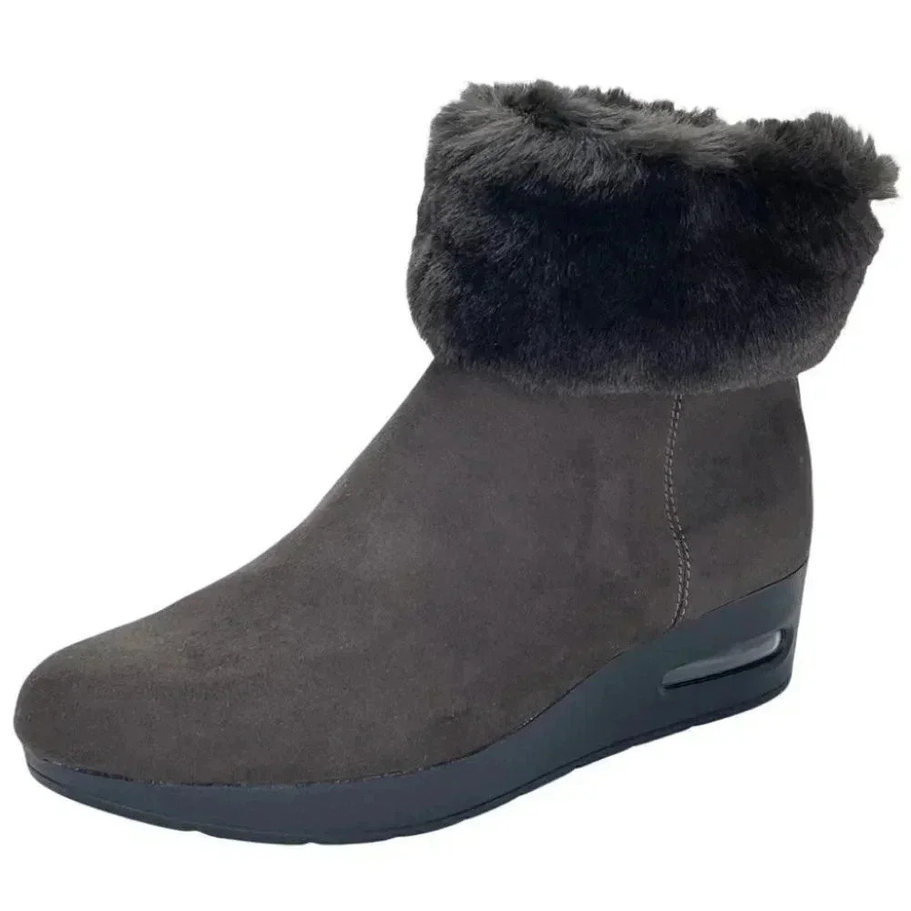 DKNY Abri Dark Grey Fur Trim Womens Wedge Ankle Bootie Size 7.5M